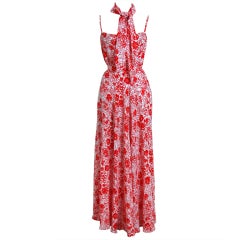 1970's Givenchy Low-Plunge Red & White Print-Silk Dress Ensemble