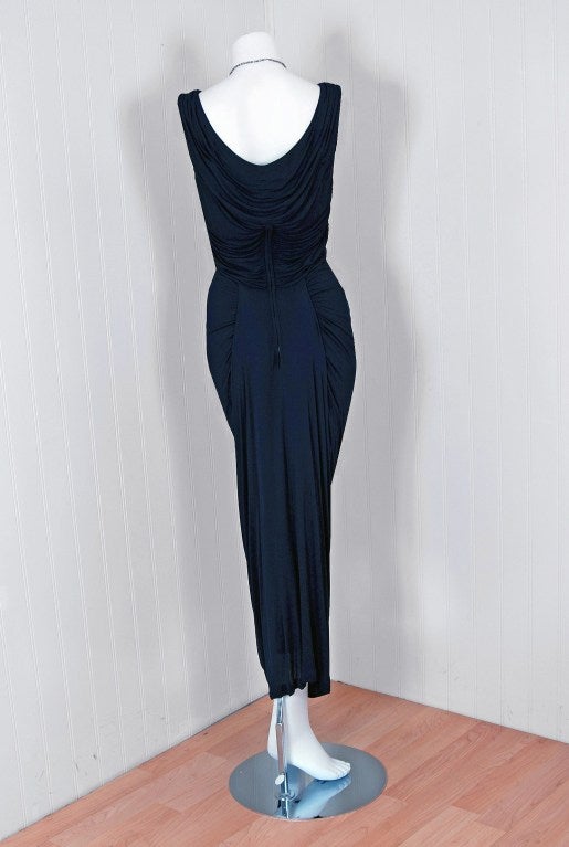 Women's 1950's Ceil Chapman Navy-Blue Ruched Silk-Jersey Fishtail Gown