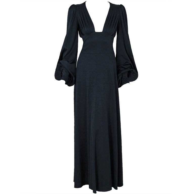 1970's Biba Seductive Low-Cut Plunge Black Billow-Sleeves Gown at 1stdibs
