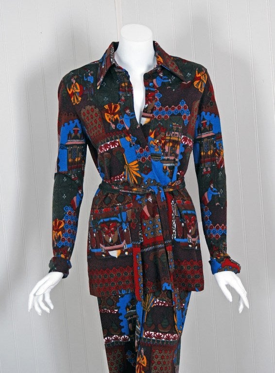 1970's Lanvin Novelty-Print Knit Belted Pant Suit Set Ensemble