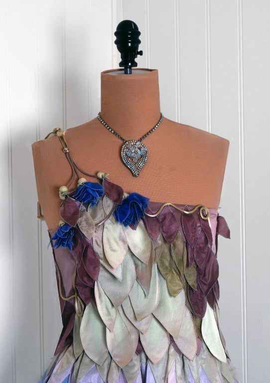 Women's 1970's Gunn Trigere One-Shoulder Ombre Tiered-Leaves Silk Dress