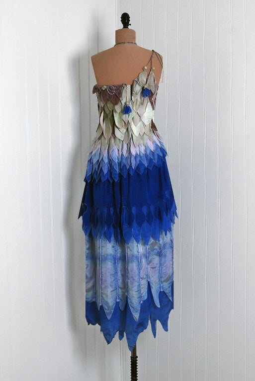 1970's Gunn Trigere One-Shoulder Ombre Tiered-Leaves Silk Dress 3