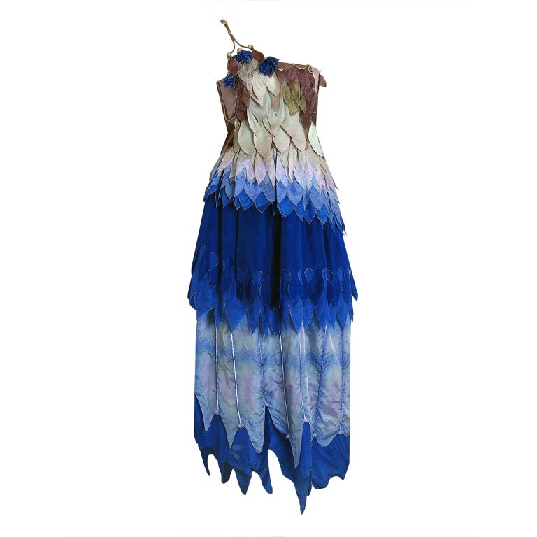 1970's Gunn Trigere One-Shoulder Ombre Tiered-Leaves Silk Dress