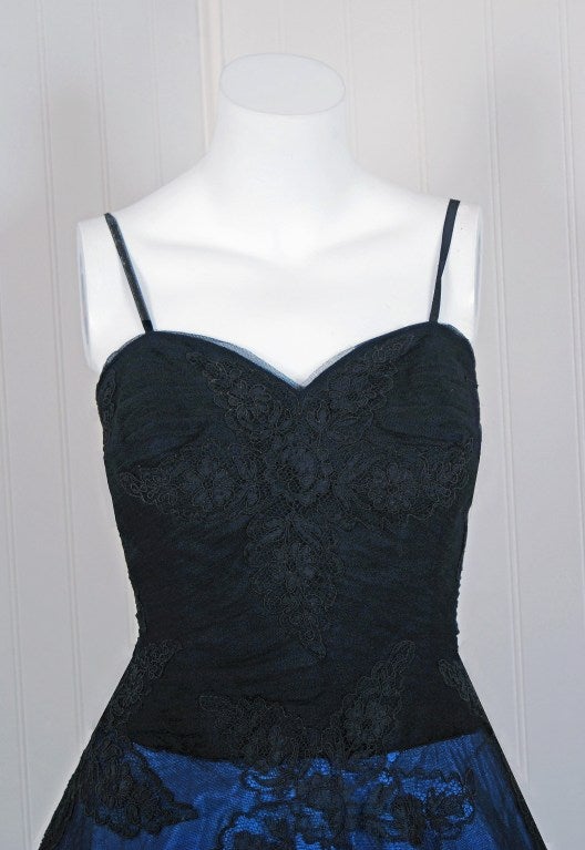 1950's Rosita Contreras Couture Black Blue Chantilly-Lace Dress at 1stDibs