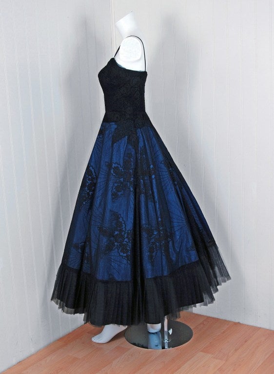 1950's Rosita Contreras Couture Black Blue Chantilly-Lace Dress 2