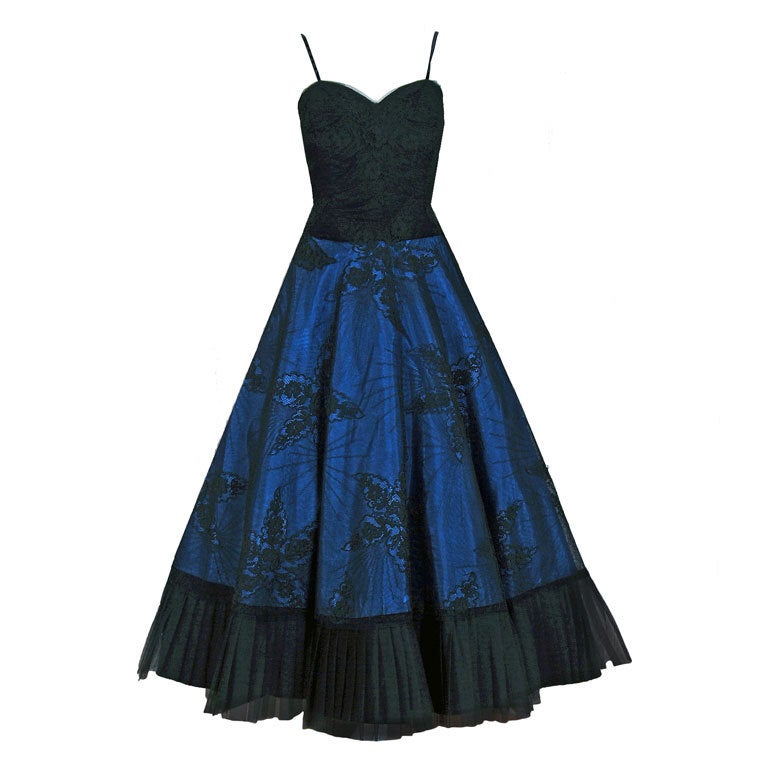 1950's Rosita Contreras Couture Black Blue Chantilly-Lace Dress