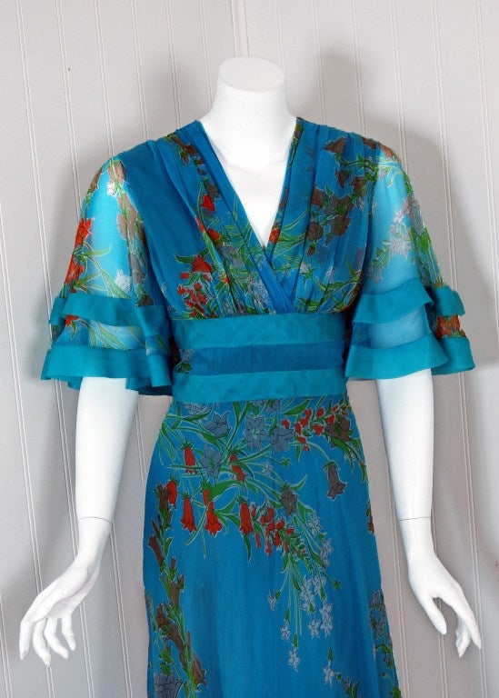 Women's 1960's Jacques Heim Blue-Floral Silk Flutter-Sleeve Long Gown