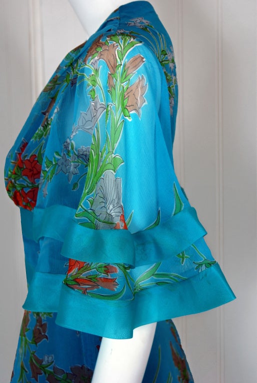 1960's Jacques Heim Blue-Floral Silk Flutter-Sleeve Long Gown 1