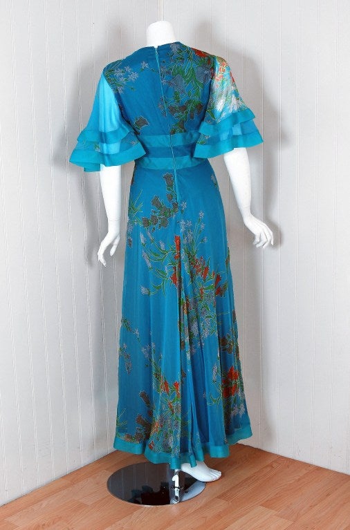 1960's Jacques Heim Blue-Floral Silk Flutter-Sleeve Long Gown 2