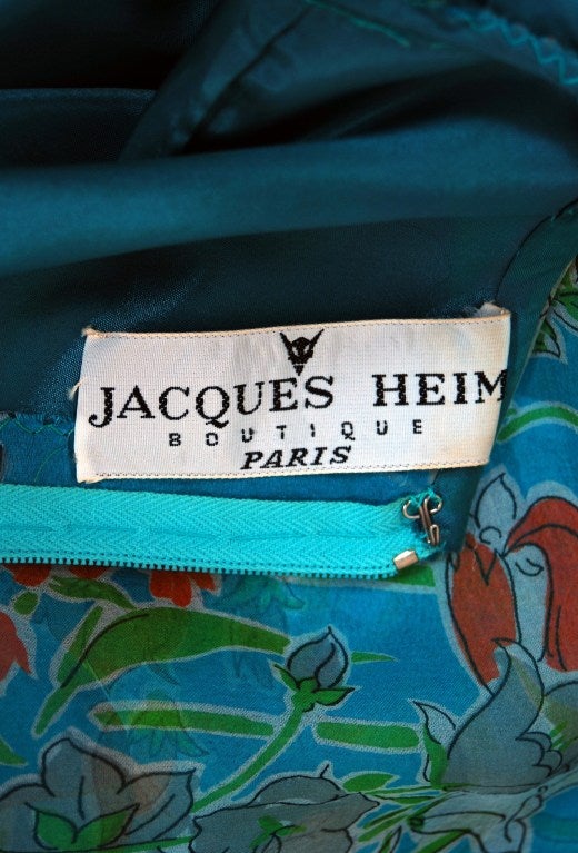 1960's Jacques Heim Blue-Floral Silk Flutter-Sleeve Long Gown 3