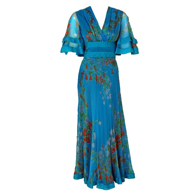 1960's Jacques Heim Blue-Floral Silk Flutter-Sleeve Long Gown