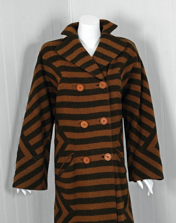Women's 1940's Adrian Original Striped Wool Double-Breasted Noir Coat