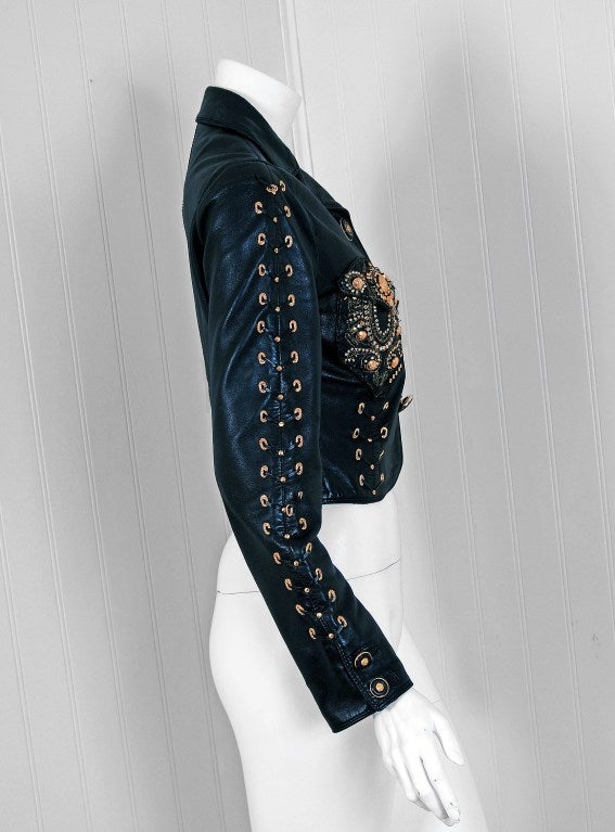 Women's 1990's Gianni Versace Couture Studded Cropped Leather Jacket
