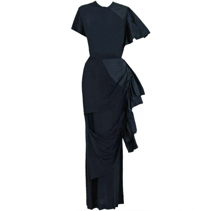 1949 Adrian Original Black Silk and Crepe Asymmetric Draped Gown at 1stDibs
