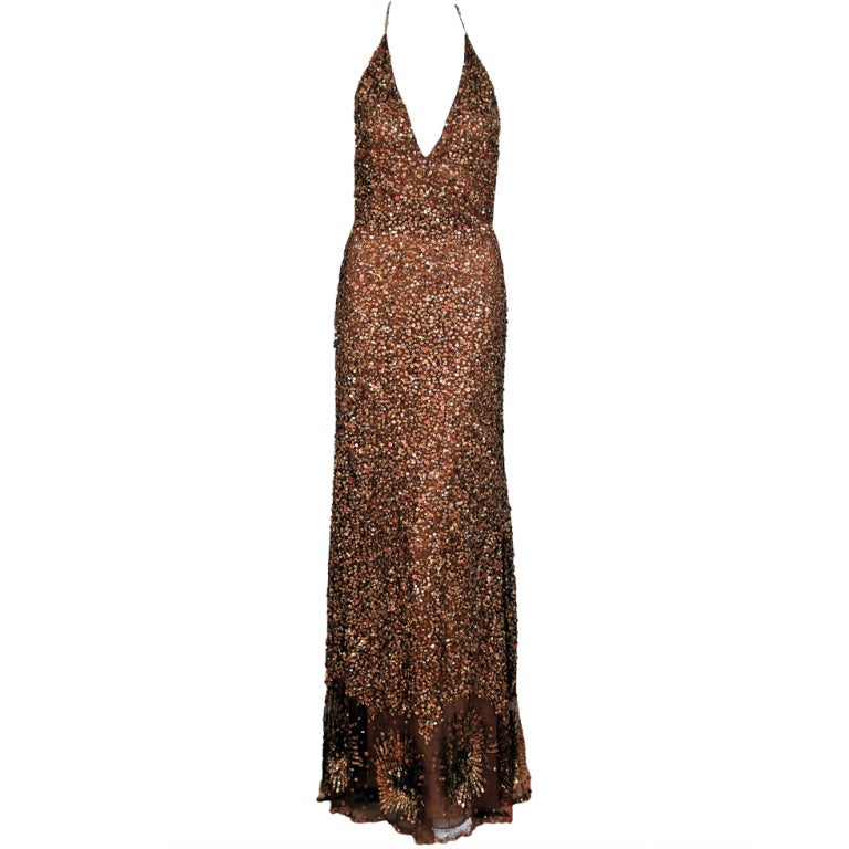 1990's Valentino Couture Metallic Bronze Sequin Backless Gown