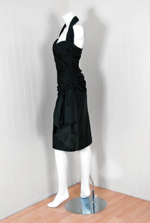 Women's 1970's Vicky Tiel Black Ruched Silk Halter Wiggle Cocktail Dress