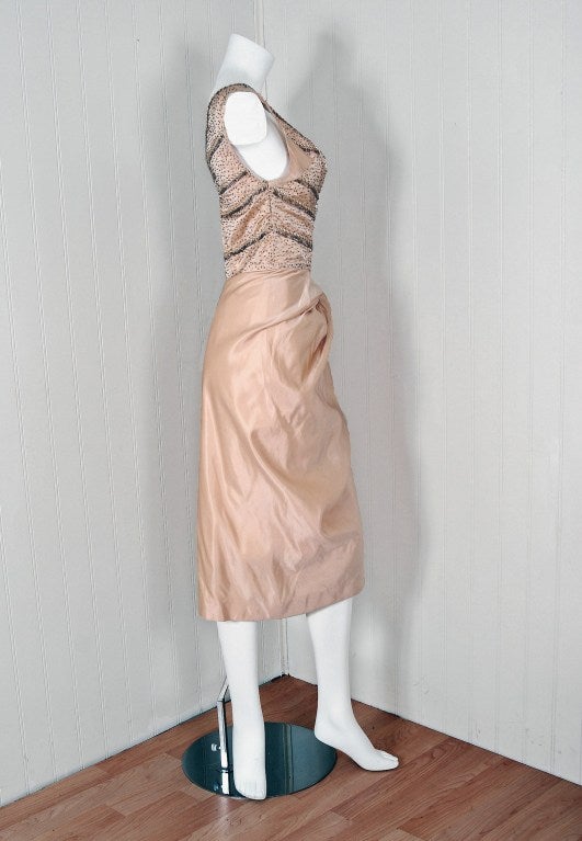 1950's Ceil Chapman Beaded Ivory-Creme Satin Hourglass Cocktail Wiggle Dress In Excellent Condition In Beverly Hills, CA