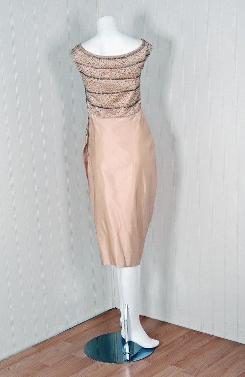 Women's 1950's Ceil Chapman Beaded Ivory-Creme Satin Hourglass Cocktail Wiggle Dress