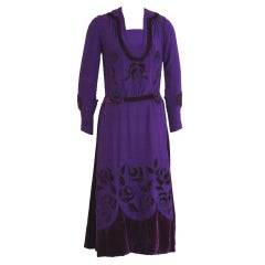 1920's Royal-Purple Velvet & Silk Cut-Work Roses Cocktail Dress