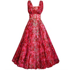 Vintage 1950's Watercolor Red & Pink Roses Floral Silk-Chiffon Gown