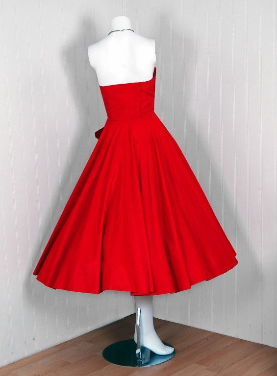 Women's 1950's Ruby-Red Beaded Taffeta Strapless Draped Full Party Dress