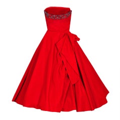Retro 1950's Ruby-Red Beaded Taffeta Strapless Draped Full Party Dress