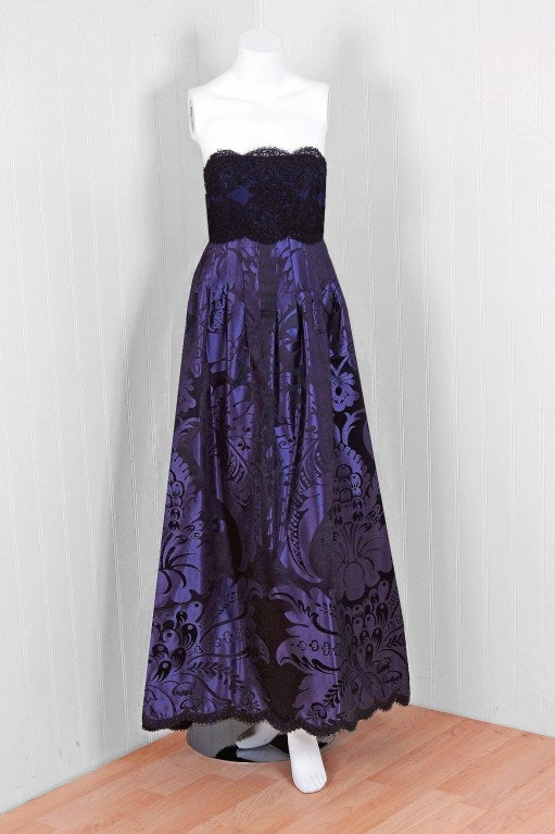 Black 1970's Geoffrey Beene Purple Print Silk & Lace Strapless Gown