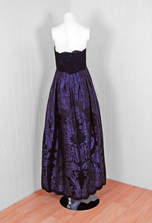 1970's Geoffrey Beene Purple Print Silk & Lace Strapless Gown 3