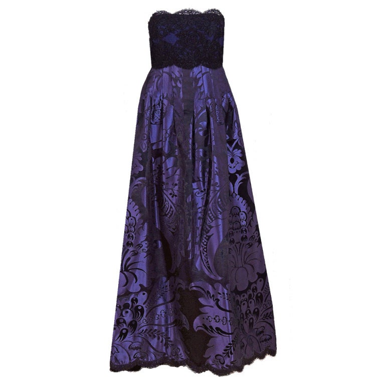 1970's Geoffrey Beene Purple Print Silk & Lace Strapless Gown