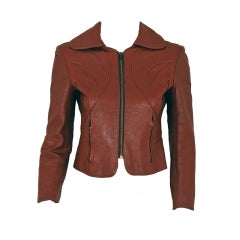 1970's Rare Sienna-Brown Leather Cropped Zip-Up Sculpted Jacket