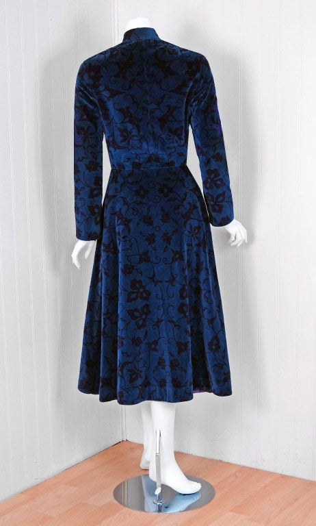 Women's 1970's Thea Porter Couture Embroidered Print Blue Velvet Fitted Princess Coat