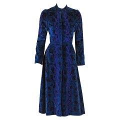 Vintage 1970's Thea Porter Couture Embroidered Print Blue Velvet Fitted Princess Coat