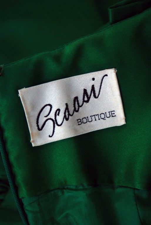 1980's Scaasi Emerald-Green Satin Nipped-Waist Cocktail Dress 2