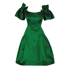 Vintage 1980's Scaasi Emerald-Green Satin Nipped-Waist Cocktail Dress