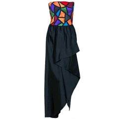 Vintage 1970's Chloe by Karl Lagerfeld Rainbow Satin Strapless Draped Hourglass Gown