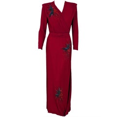 1940's Gothe Beaded Sparrow Birds Raspberry-Red Crepe Gown