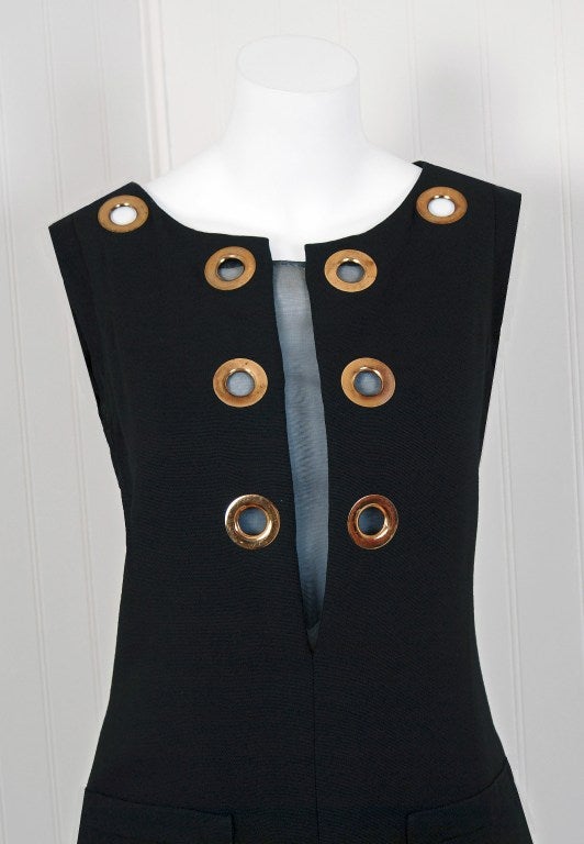 Women's 1960's Pierre Cardin Black-Linen Grommets Cut-Out Mod Dress