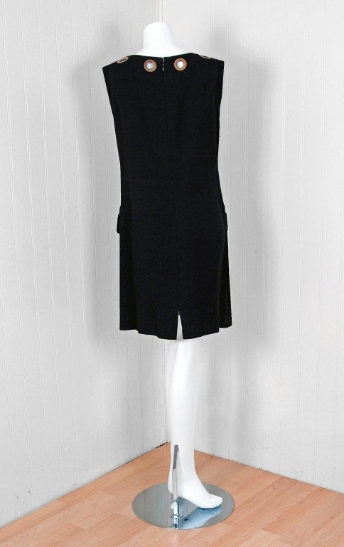 1960's Pierre Cardin Black-Linen Grommets Cut-Out Mod Dress 2