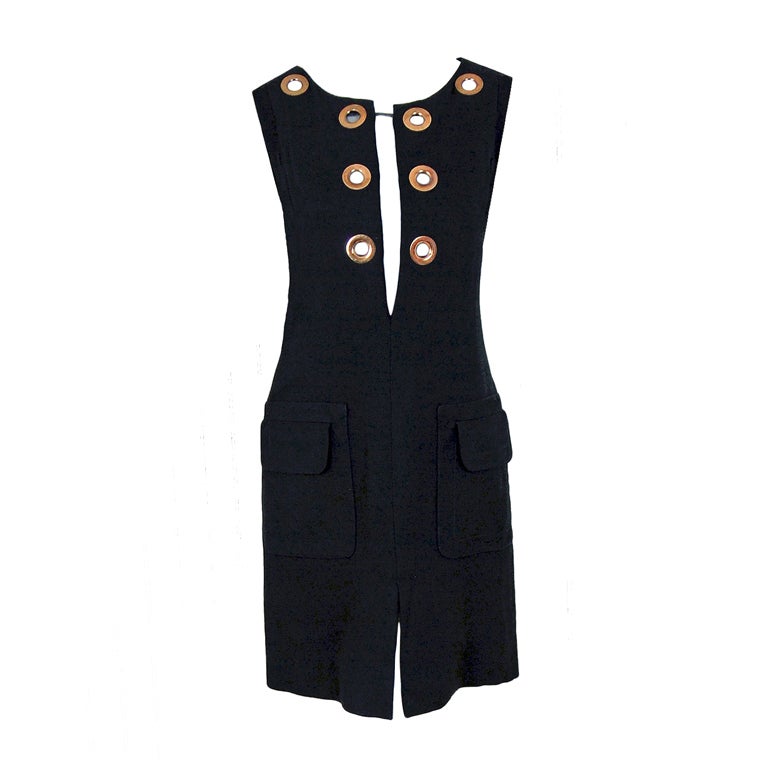 1960's Pierre Cardin Black-Linen Grommets Cut-Out Mod Dress