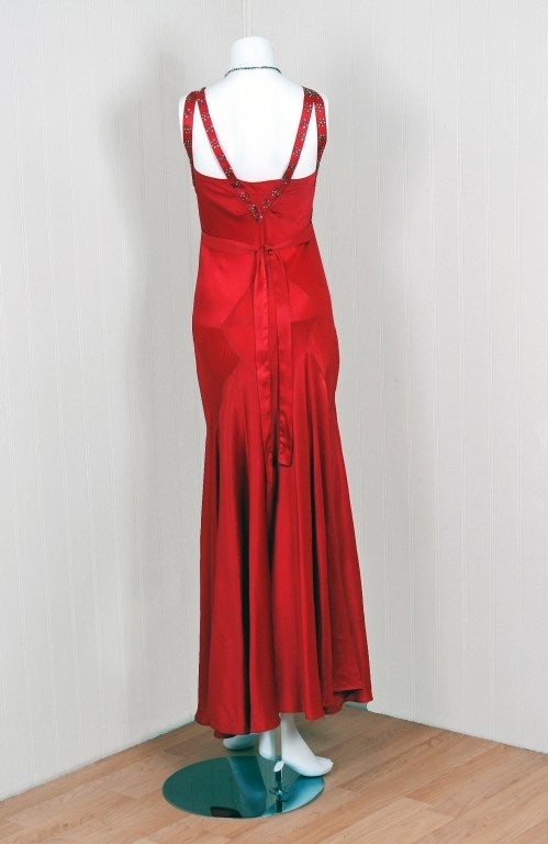 Women's 1930's Seductive Bias-Cut Red Rhinestone Satin Hourglass Gown