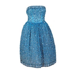 1950
s Bob Bugnand Paris Beaded Baby-Blue Strapless Party Dress