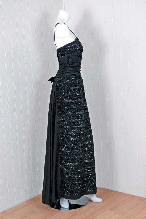1950's Sequin Black Silk-Satin Hourglass Wiggle Fishtail Gown In Excellent Condition In Beverly Hills, CA