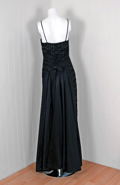 1950's Sequin Black Silk-Satin Hourglass Wiggle Fishtail Gown 1