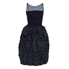 Vintage 1950's Black Silk-Chiffon & Taffeta Heavily-Ruched Party Dress