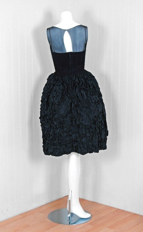 1950's Black Silk-Chiffon & Taffeta Heavily-Ruched Party Dress 2