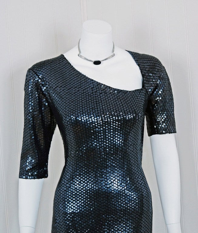 Black 1970's Halston Asymmetric Sequin Silk-Jersey Bombshell Hourglass Evening Gown