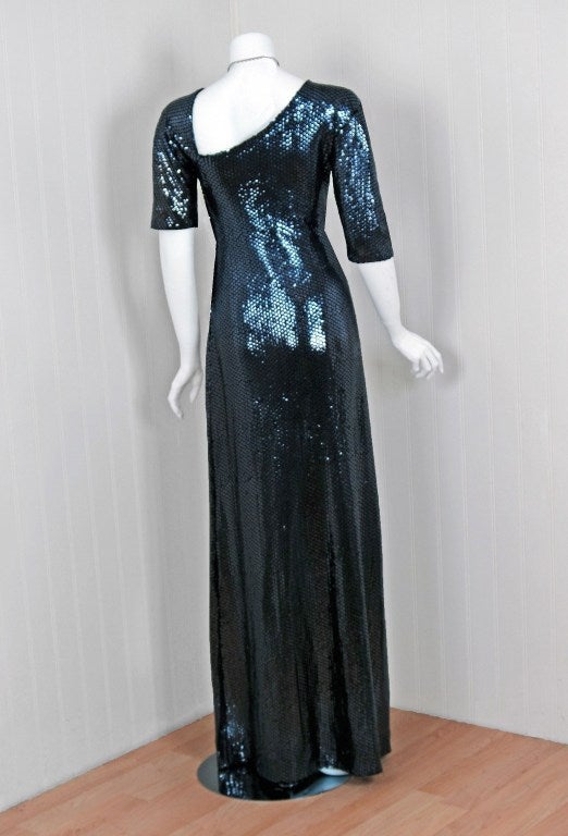 Women's 1970's Halston Asymmetric Sequin Silk-Jersey Bombshell Hourglass Evening Gown