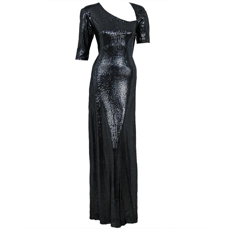 1970's Halston Asymmetric Sequin Silk-Jersey Bombshell Hourglass Evening Gown