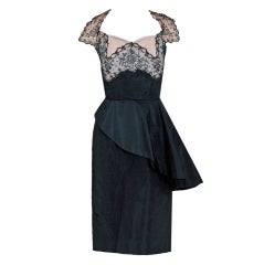 Vintage 1940's Chantilly-Lace & Silk Sheer-Illusion Peplum Hourglass Cocktail Dress