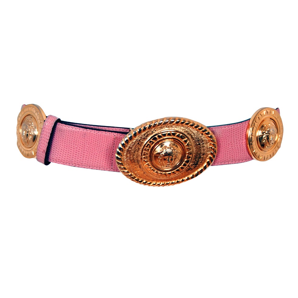 Gianni Versace Couture Baby-Pink Leather Gold Medusa Belt, 1994 